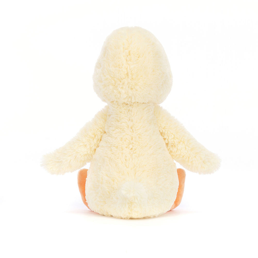 Back View: The rear view of Jellycat Bashful Duckling, highlighting its rounded plush body and tiny tail.
