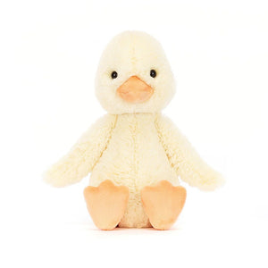 Jellycat Bashful Duckling in a sitting position showing a cute orange beak and feet with a soft primrose yellow fur.