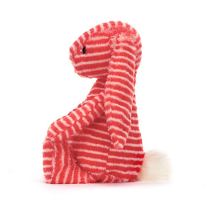 Side: Side view of Jellycat Bashful Evey Bunny plush toy, highlighting its soft fur and the red and cream stripes.