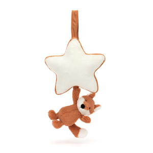 Mischief & Music Await: The Jellycat Bashful Fox Cub Musical Pull features a cheeky fox cub with a removable star-shaped music box for playtime or lullabies. (Unpulled musical pull)