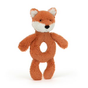 Sensory Exploration with a Smile: The Jellycat Bashful Fox Cub Ring Rattle combines soft plush with a textured teething ring, perfect for little hands and curious minds. (Side angle)