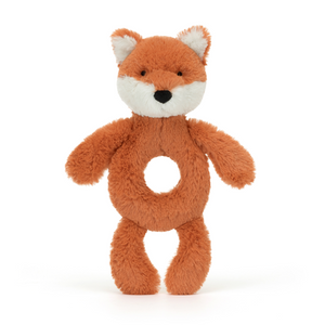 Teething Fun & Foxy Friends: The Jellycat Bashful Fox Cub Ring Rattle features a soft fox for cuddles and a rattling ring for playtime, soothing teething woes. 