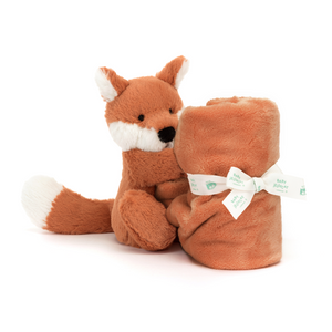 Ready for Playtime or Sleep: Peek-a-boo with the Jellycat Bashful Fox Cub Soother! This playful fox cub (rolled up) with a soothing soother is perfect for anytime fun. (Angled view)