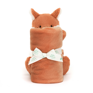 Cuddles & Comfort: The Jellycat Bashful Fox Cub Soother (rolled up) features a soft fox for hugs and a calming soother, providing comfort for little ones. (Front view)