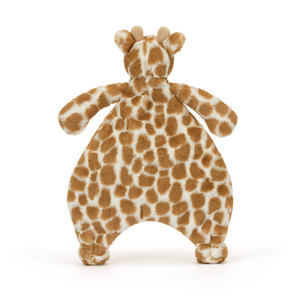 Sleepytime Security with a Long Neck: The Jellycat Bashful Giraffe Comforter's soft giraffe friend offers a comforting cuddle from any angle, with a snuggly cream blanket for ultimate coziness. (Behind view)