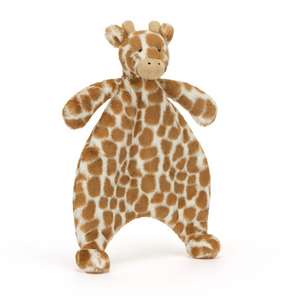 Peek-a-Boo Giraffe Friend: The Jellycat Bashful Giraffe Comforter offers a playful peek with its signature long neck and a luxuriously soft blanket for daytime adventures. (Angled view)