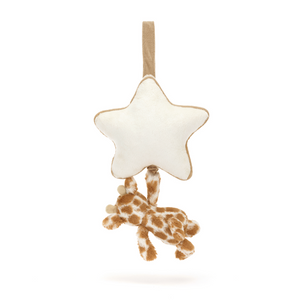 Reach for the stars! The Jellycat Bashful Giraffe Musical Pull, a soft cream star with a cute Bashful Giraffe attached, plays a lullaby when pulled down.