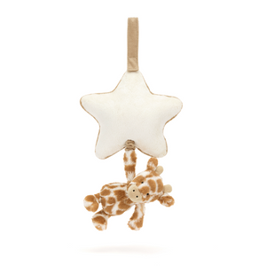 Cuddly dreams await! The Jellycat Bashful Giraffe Musical Pull, a soft cream star with a recycled-fiber Bashful Giraffe hanging at an angle, plays a sweet lullaby when pulled.