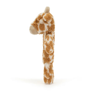 Jellycat Bashful Giraffe Ring Rattle (Side View): A side view of the Jellycat Bashful Giraffe Ring Rattle, displaying its full length.