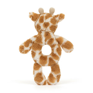 Jellycat Bashful Giraffe Ring Rattle (Rear View): A rear view of the Jellycat Bashful Giraffe Ring Rattle, showcasing its soft fur and fluffy tail.