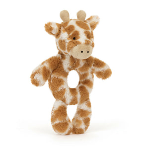 Jellycat Bashful Giraffe Ring Rattle (Angled): A close-up of the Jellycat Bashful Giraffe Ring Rattle, showcasing its adorable features and soft texture.