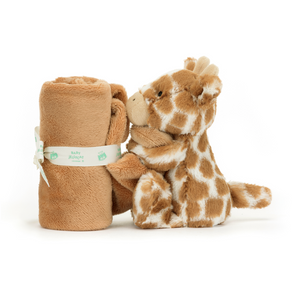 Eco-friendly cuddles for bedtime! The Jellycat Bashful Giraffe Soother, a 34cm x 34cm soother with a cute Bashful Giraffe made from recycled materials, provides comfort for little ones.