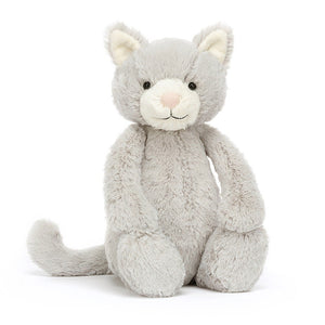Purrfectly posed! Bashful Grey Kitty from Jellycat shows off its luxuriously soft fur and adorable stitched smile.