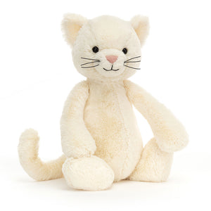 Front view – Cream Jellycat Bashful Kitten plush toy sitting upright.