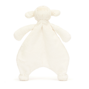 Backside view of the Jellycat Bashful Lamb Comforter, emphasizing its soft vanilla cream fur and cute waggle ears, ready to be a cuddly companion for newborns.