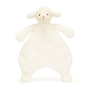 Adorable Jellycat Bashful Lamb Comforter facing front, highlighting its sweet embroidered face, delicate vanilla cream fur, and squashy hands for self-soothing.