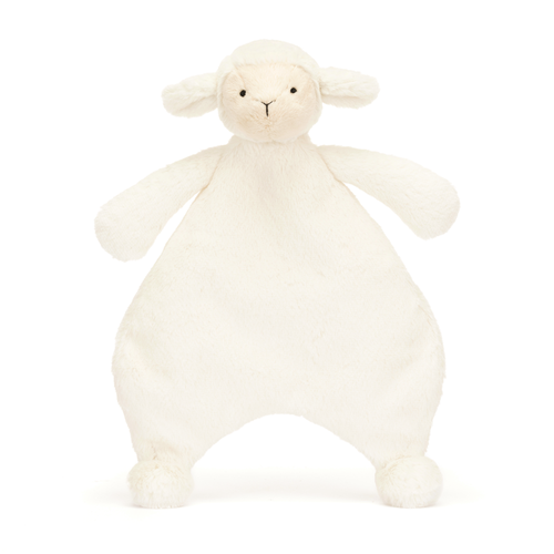 Adorable Jellycat Bashful Lamb Comforter facing front, highlighting its sweet embroidered face, delicate vanilla cream fur, and squashy hands for self-soothing.