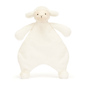 Adorable Jellycat Bashful Lamb Comforter facing front, highlighting its sweet embroidered face, delicate vanilla cream fur, and squashy hands for self-soothing.