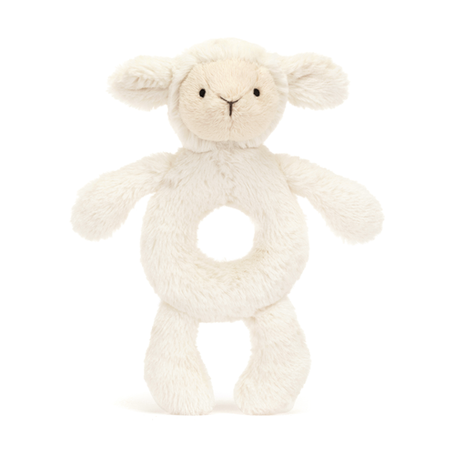 Adorable Jellycat Bashful Lamb Ring Rattle facing front, highlighting its sweet embroidered face, cute waggle ears, and soft hooves perfect for tiny hands.