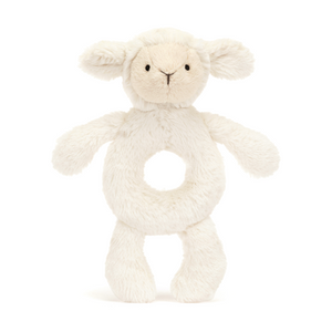 Adorable Jellycat Bashful Lamb Ring Rattle facing front, highlighting its sweet embroidered face, cute waggle ears, and soft hooves perfect for tiny hands.