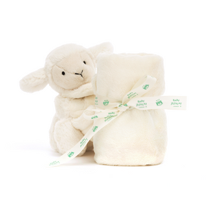 Jellycat Bashful Lamb Soother at an angle, showcasing its soft vanilla cream fur made from recycled materials.