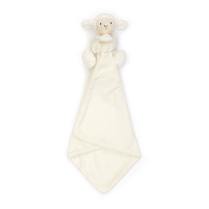 Adorable Jellycat Bashful Lamb Soother facing front, holding a soft, square soother.
