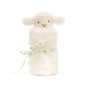 Close up view of Jellycat Bashful Lamb Soother, emphasizing its soft vanilla cream fur and neatly rolled presentation tied with a Baby Jellycat grosgrain ribbon.
