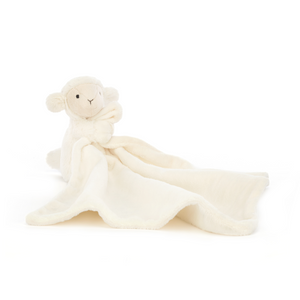 Adorable Jellycat Bashful Lamb Soother, highlighting its sweet embroidered face, holding a soft, square soother, and crafted from super soft recycled fur.