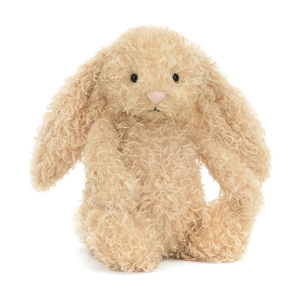 Front view of Jellycat Bashful Luxe Bunny Curly with soft cream curly fur and long floppy ears.