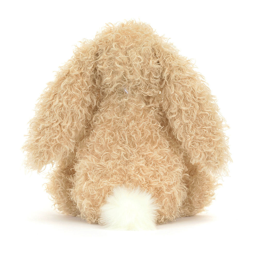 Back view of Jellycat Bashful Luxe Bunny Curly highlighting cream curls and signature fluffy tail.