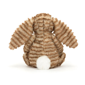 Back View: Backside of the Jellycat Bashful Luxe Bunny Juniper showcase the soft golden-brown fur with ombre stripes and a fluffy white tail.