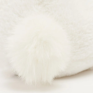 A close up of Jellycat Bashful Luxe Bunny Luna's fluffy white tail.