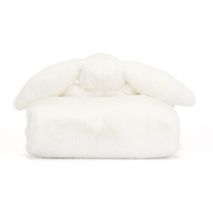 Rear view of Jellycat Bashful Luxe Bunny Luna Blankie, showcasing super soft white fur.