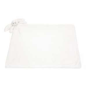 Top view of unfurled Jellycat Bashful Luxe Bunny Luna Blankie. Luxuriously soft white with luna bunny design in corner.