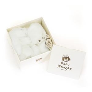 Jellycat Bashful Luxe Bunny Luna Soother in gift box, with satin sheen and gold foil detail.