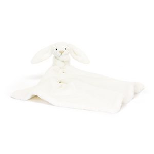 Softest White Jellycat Bashful Luxe Bunny Luna Soother, holding a cloud-like soother for newborns.