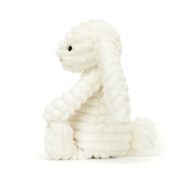 Side View: Side profile of the cuddly Jellycat Bashful Luxe Bunny Nimbus. Highlights the perfect size for cuddling (suitable from birth!), the luxuriously soft texture with a hint of squish.