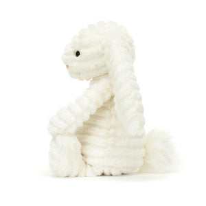 Side View: Side profile of the cuddly Jellycat Bashful Luxe Bunny Nimbus. Highlights the perfect size for cuddling (suitable from birth!), the luxuriously soft texture with a hint of squish.