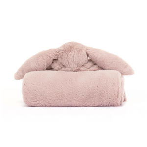 Shower a newborn with love and comfort. The Jellycat Bashful Luxe Bunny Rosa Blankie, beautifully presented in a gift box. (Back view)