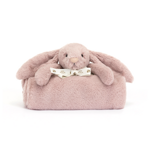Snuggle time awaits! The Jellycat Bashful Luxe Bunny Rosa Blankie, a luxuriously soft blanket featuring the sweet face of Bashful Bunny Rosa. (Front view)