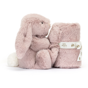 Side View of Jellycat Bashful Luxe Bunny Rosa Soother, Showcasing Soft Rose Fur and Luxurious Soother. 