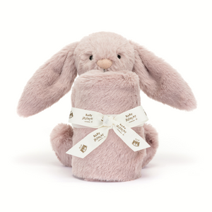 Jellycat Bashful Luxe Bunny Rosa Soother with Stitched Eyes and Gold Nose, Holding a Luxe Soother. Ideal Newborn Gift. 