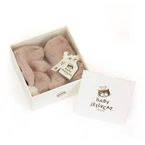 Jellycat Bashful Luxe Bunny Rosa Soother in Gift Box, with Satin Sheen and Gold Foil Detail.