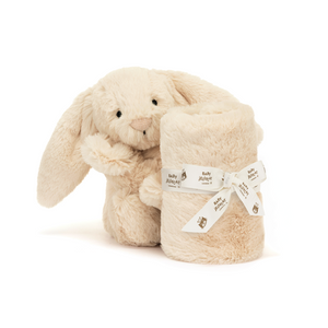 Luxuriously soft Jellycat Bashful Luxe Bunny Willow Soother with floppy ears and cloud-like comforter  presented with a Baby Jellycat grosgrain ribbon.