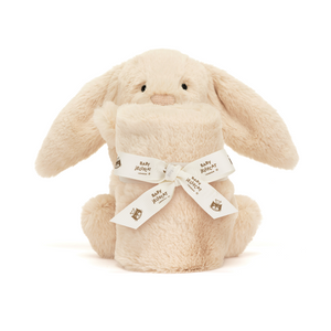 Front view of Luxuriously soft Jellycat Bashful Luxe Bunny Willow Soother with floppy ears and cloud-like comforter  presented with a Baby Jellycat grosgrain ribbon.