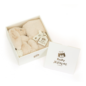 Adorable Jellycat Bashful Luxe Bunny Willow Soother in a delicate latte color, in a satin sheen gift box with gold foil detail and matching gift card.