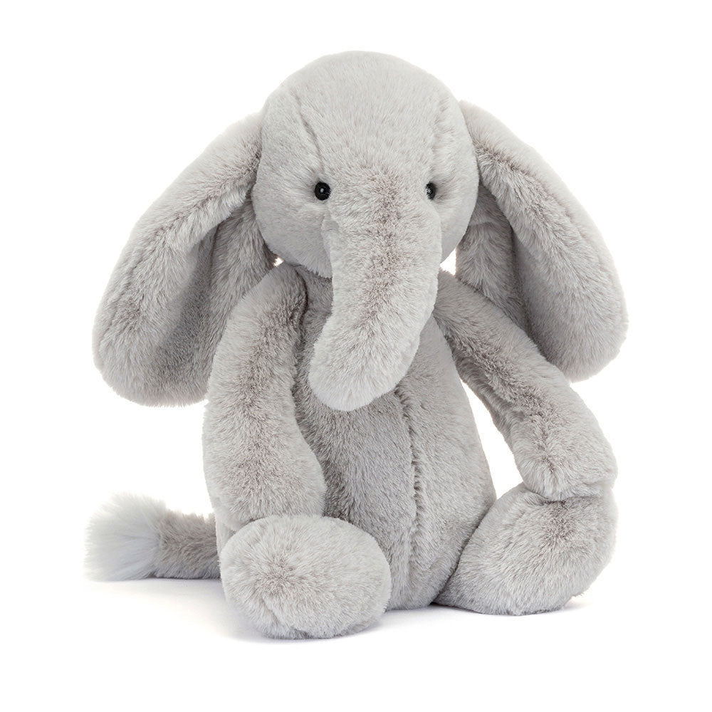 Front view of Jellycat Bashful Luxe Elephant Thuddeus soft toy with long trunk, floppy ears, and plush grey fur.