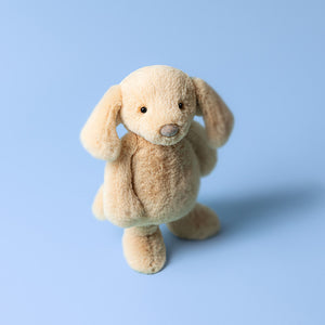 Bashful Luxe Puppy Orlando standing against a light blue background, emphasising its adorable plush details.