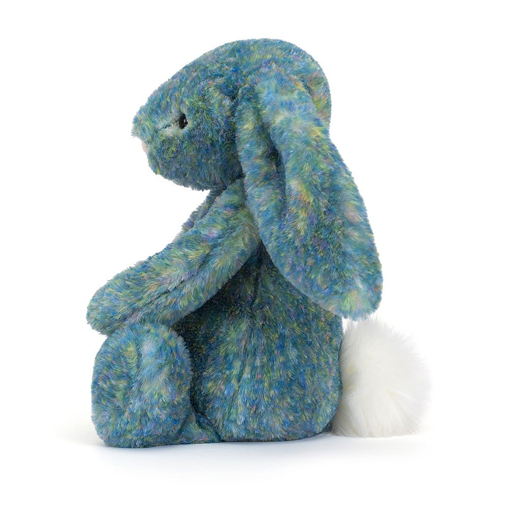 A side view of Jellycat Bashful Luxe Bunny Azure, showing one of the long floppy ears.