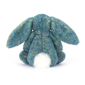 A rear view of Jellycat Bashful Luxe Bunny Azure showing his white fluffy tail.